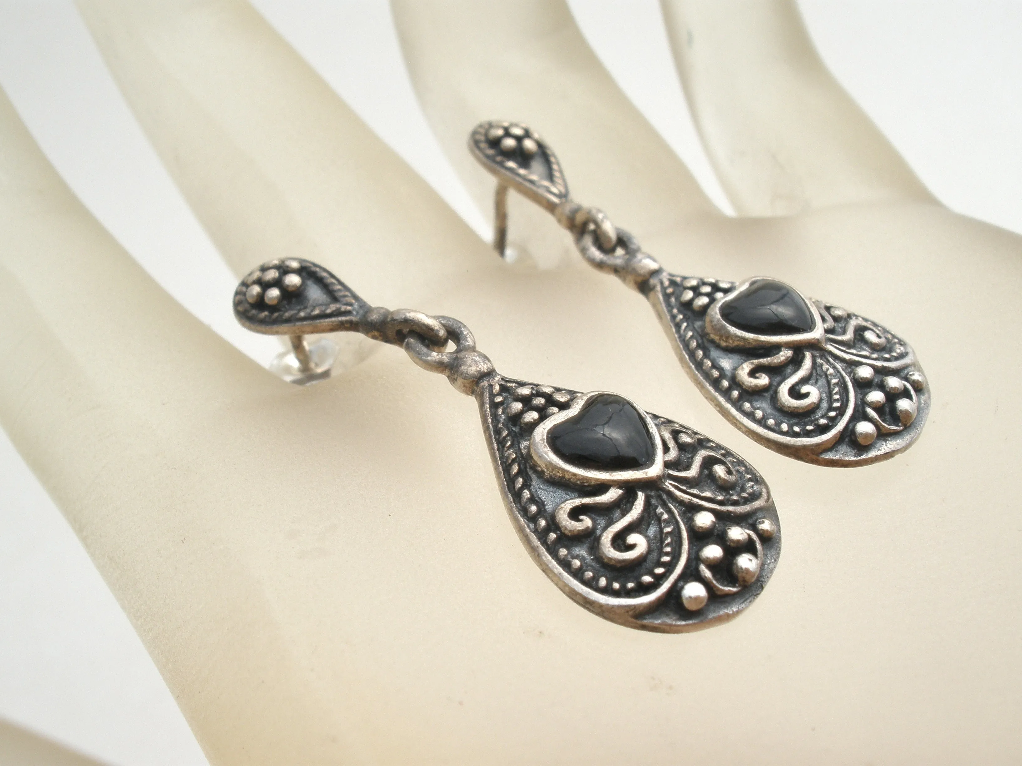 Sterling Silver Black Onyx Heart Earrings Vintage