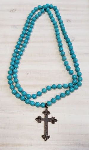 Turquoise beaded and cross necklace