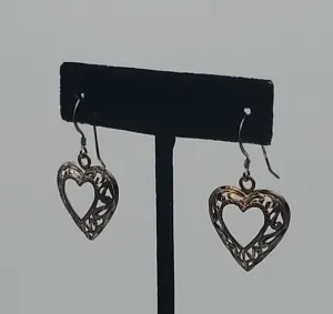 Vintage Sterling Silver Filigree Heart Dangle Earrings