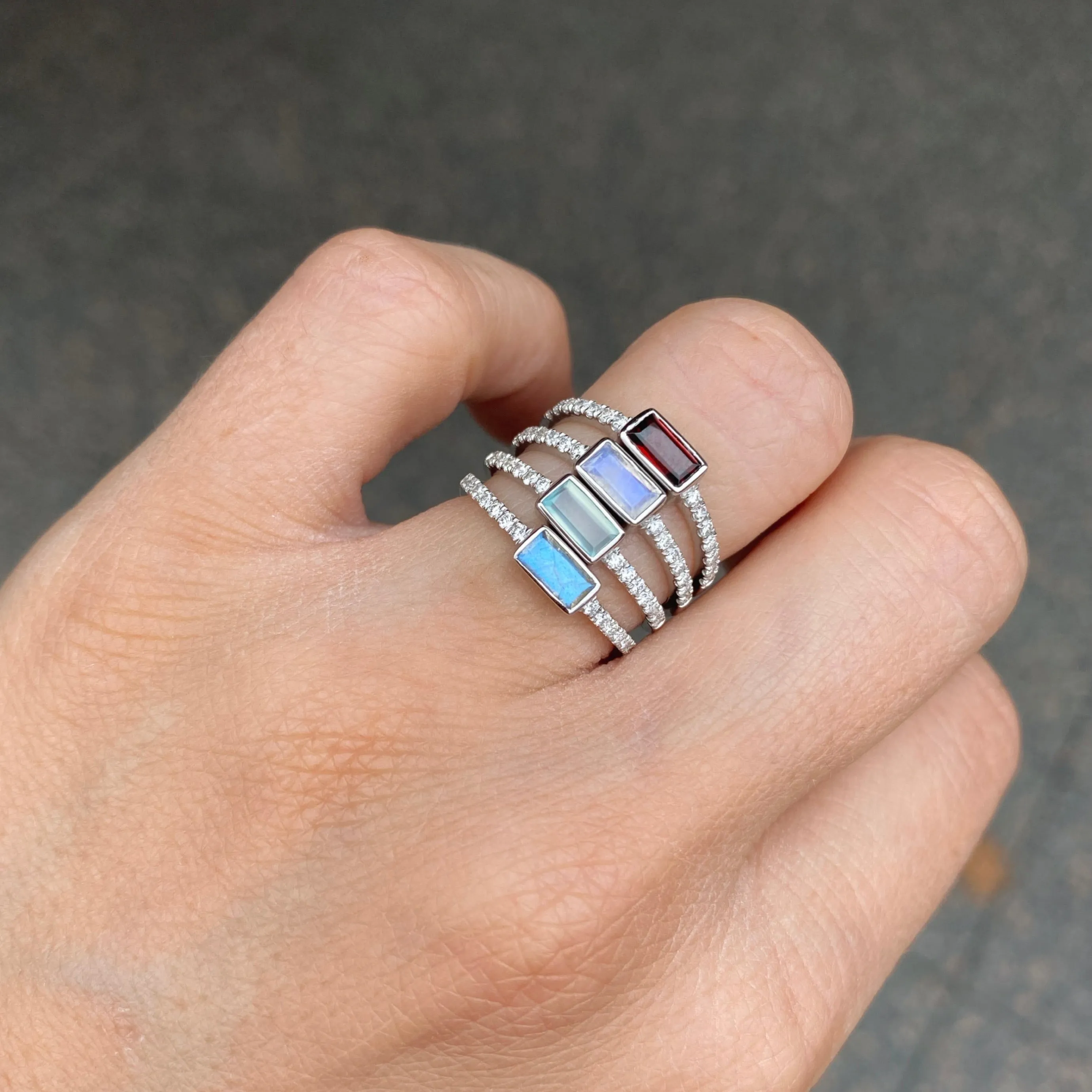 White Gold Moonstone Baguette and Diamond Band